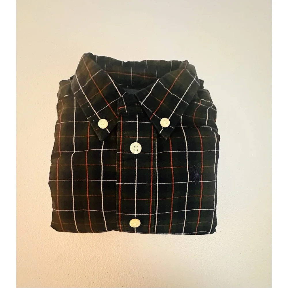 Ralph Lauren Boys Plaid Dress Shirt 12M Navy Long Sleeve Button-Up